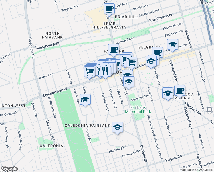 map of restaurants, bars, coffee shops, grocery stores, and more near 86 Kirknewton Road in Toronto