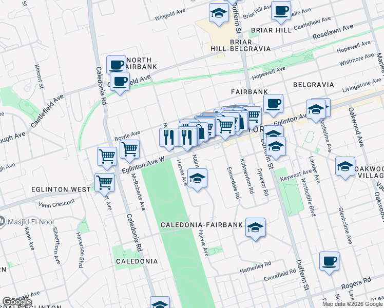 map of restaurants, bars, coffee shops, grocery stores, and more near in Toronto