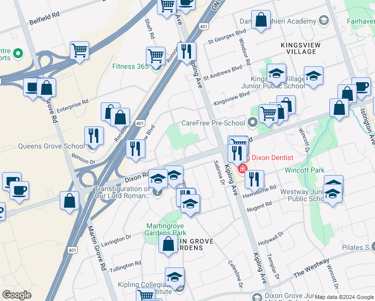 map of restaurants, bars, coffee shops, grocery stores, and more near in Toronto