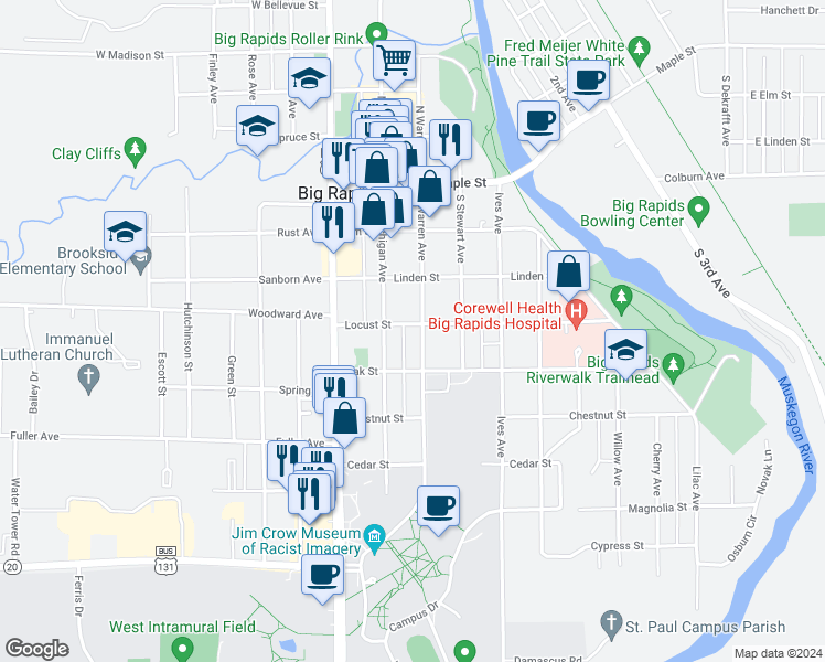 map of restaurants, bars, coffee shops, grocery stores, and more near 422 South Warren Avenue in Big Rapids