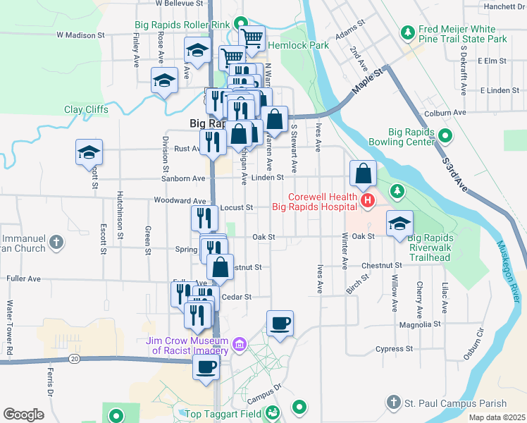 map of restaurants, bars, coffee shops, grocery stores, and more near 422 South Warren Avenue in Big Rapids