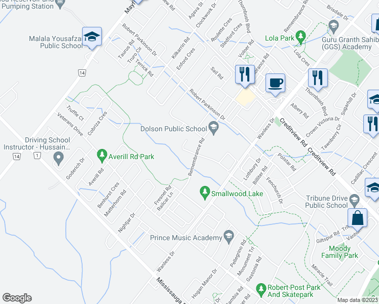 map of restaurants, bars, coffee shops, grocery stores, and more near Sweetviolet Court in Brampton