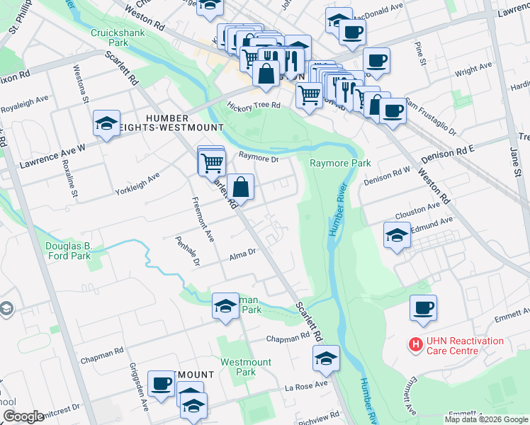 map of restaurants, bars, coffee shops, grocery stores, and more near 23 Tilden Crescent in Toronto