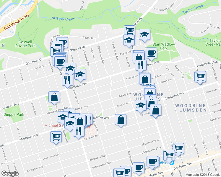 map of restaurants, bars, coffee shops, grocery stores, and more near 262 Glebemount Avenue in Toronto