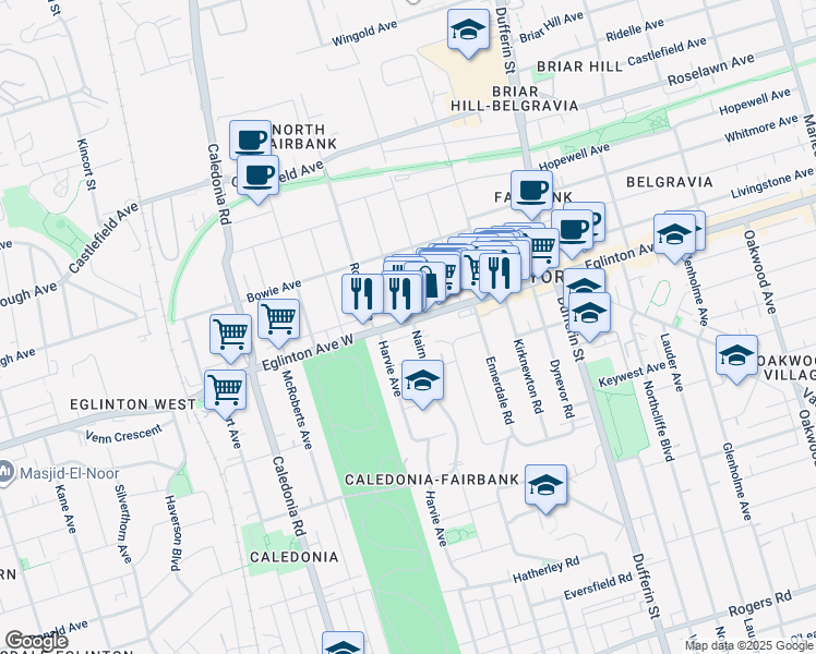 map of restaurants, bars, coffee shops, grocery stores, and more near 2031 Eglinton Avenue West in Toronto