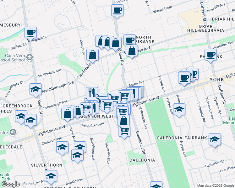 map of restaurants, bars, coffee shops, grocery stores, and more near 40 Sanderstead Avenue in Toronto