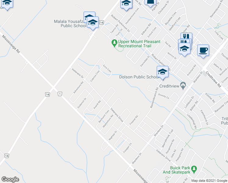 map of restaurants, bars, coffee shops, grocery stores, and more near 27 O'Connor Crescent in Brampton
