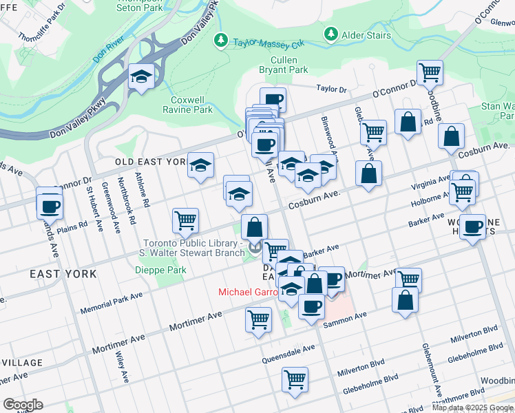 map of restaurants, bars, coffee shops, grocery stores, and more near 52 Lankin Boulevard in Toronto