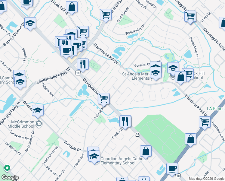 map of restaurants, bars, coffee shops, grocery stores, and more near 114 Penbridge Circle in Brampton