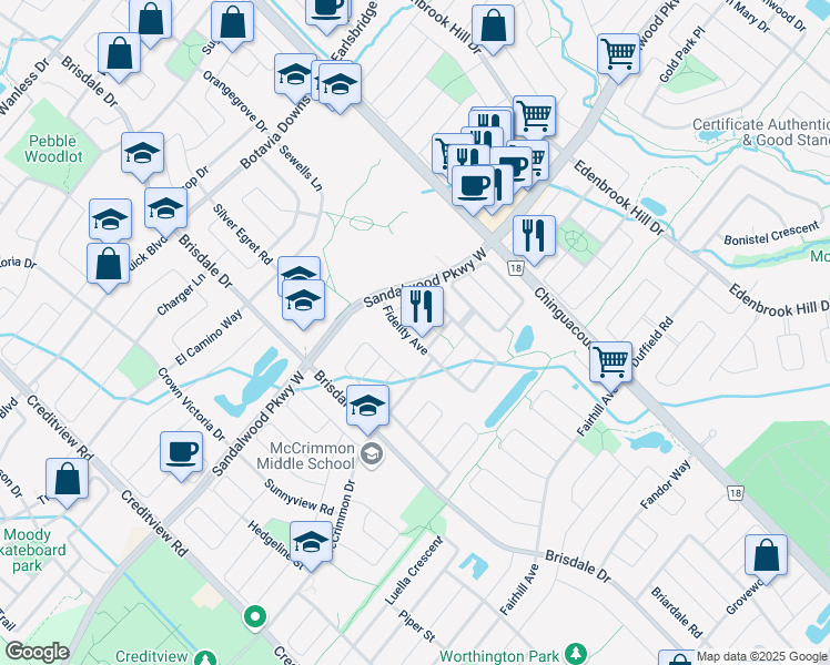 map of restaurants, bars, coffee shops, grocery stores, and more near 18 Patience Drive in Brampton