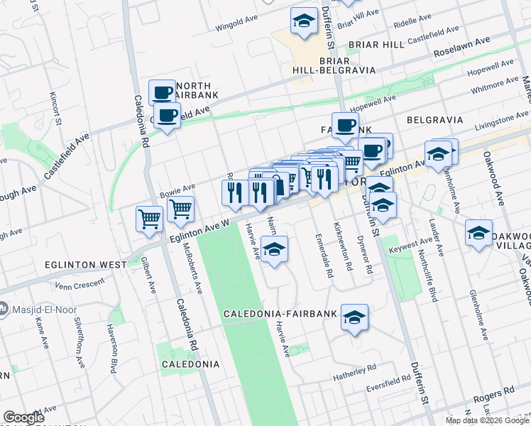 map of restaurants, bars, coffee shops, grocery stores, and more near in Toronto