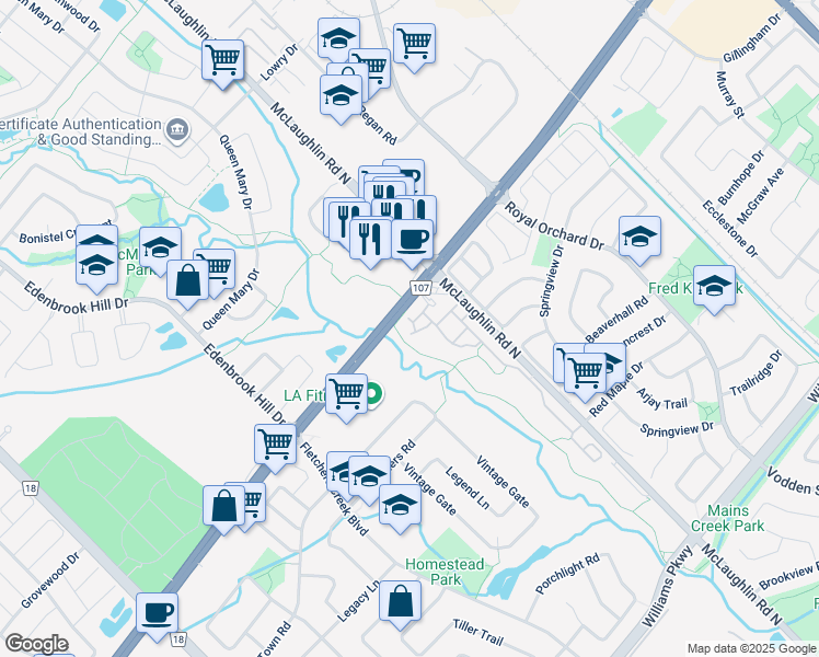 map of restaurants, bars, coffee shops, grocery stores, and more near 793 Bovaird Drive West in Brampton