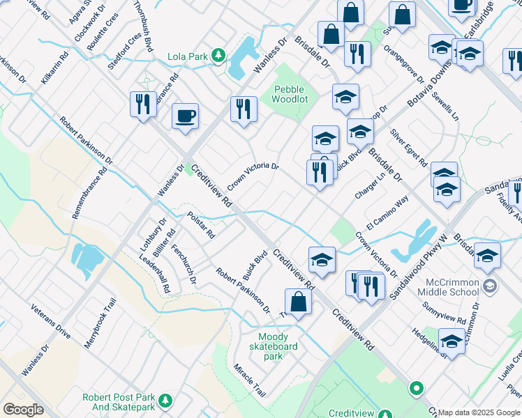 map of restaurants, bars, coffee shops, grocery stores, and more near 43 Tawnberry Circle in Brampton