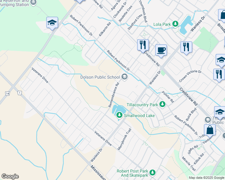 map of restaurants, bars, coffee shops, grocery stores, and more near 108 Remembrance Road in Brampton