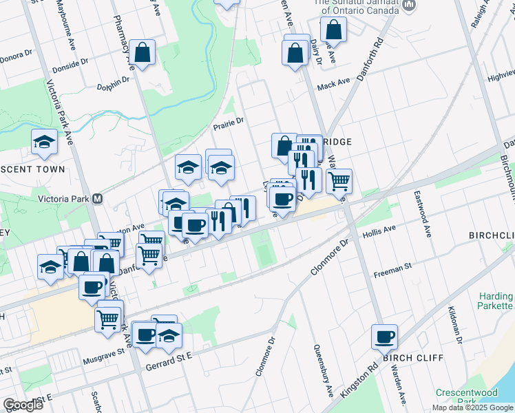 map of restaurants, bars, coffee shops, grocery stores, and more near 19 Robinson Avenue in Toronto