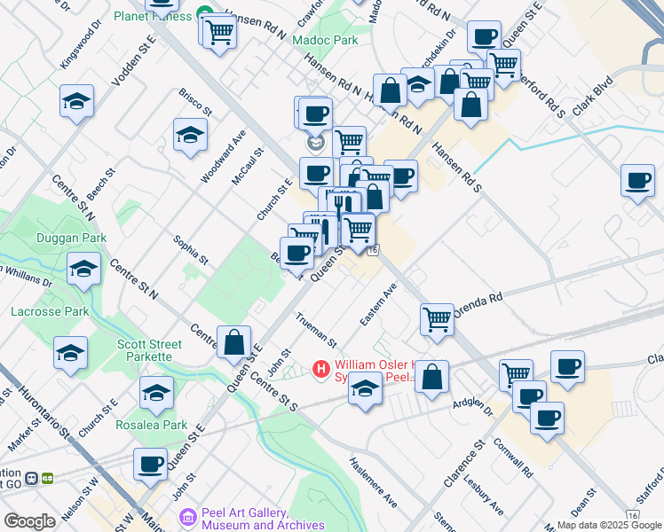 map of restaurants, bars, coffee shops, grocery stores, and more near 205 Queen Street East in Brampton
