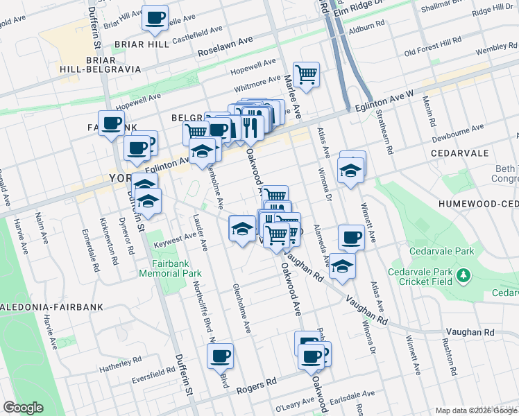 map of restaurants, bars, coffee shops, grocery stores, and more near 587 Oakwood Avenue in Toronto
