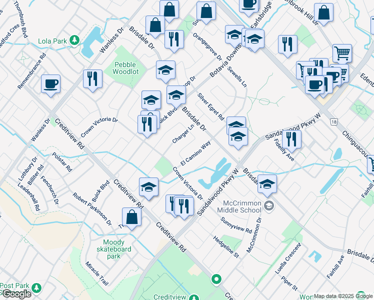 map of restaurants, bars, coffee shops, grocery stores, and more near 11 Chevrolet Drive in Brampton