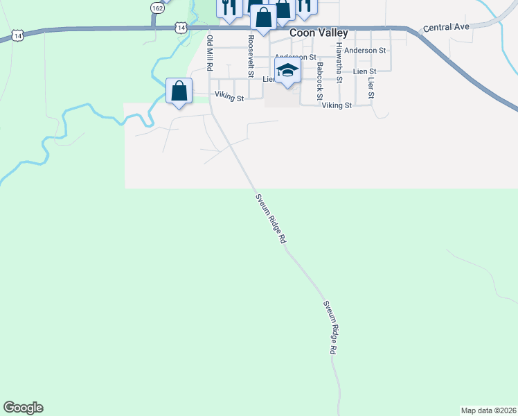 map of restaurants, bars, coffee shops, grocery stores, and more near Sveum Ridge Road in Coon Valley