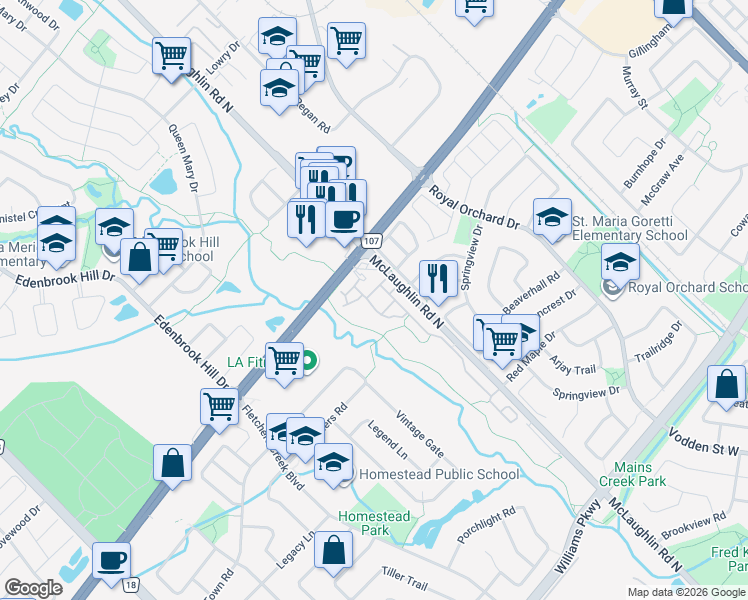 map of restaurants, bars, coffee shops, grocery stores, and more near 9900 McLaughlin Road North in Brampton