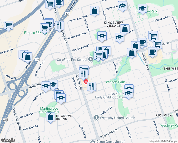 map of restaurants, bars, coffee shops, grocery stores, and more near 345 Dixon Road in Toronto