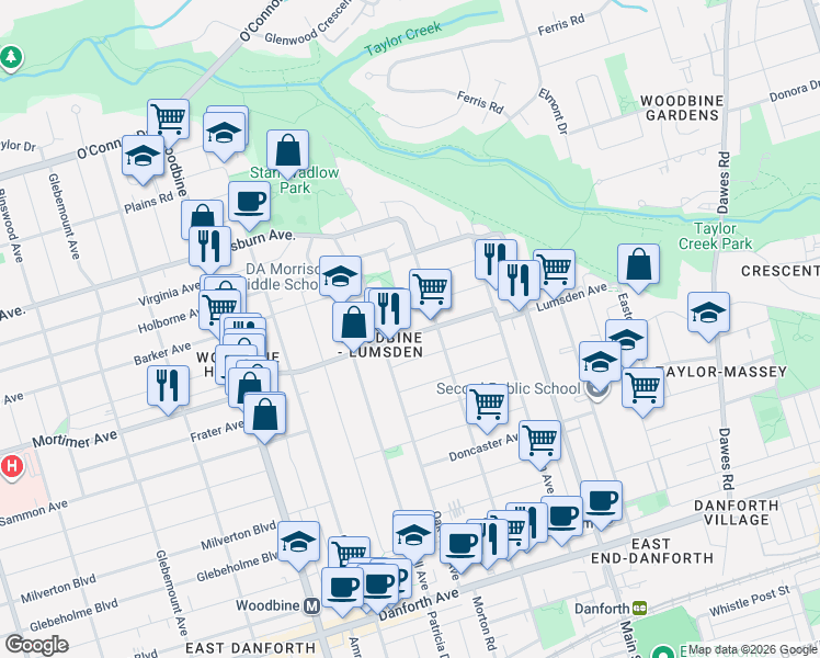 map of restaurants, bars, coffee shops, grocery stores, and more near 310 Lumsden Avenue in Toronto