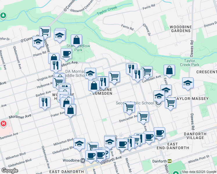 map of restaurants, bars, coffee shops, grocery stores, and more near 310 Lumsden Avenue in Toronto