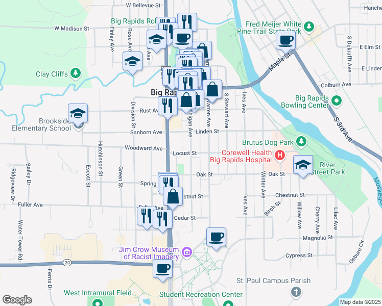 map of restaurants, bars, coffee shops, grocery stores, and more near 400 South Michigan Avenue in Big Rapids