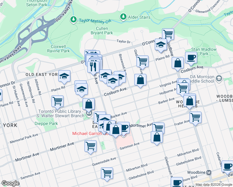 map of restaurants, bars, coffee shops, grocery stores, and more near 651 Cosburn Avenue in Toronto