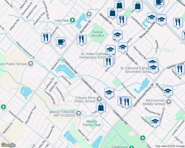 map of restaurants, bars, coffee shops, grocery stores, and more near 83 Hollingsworth Circle in Brampton