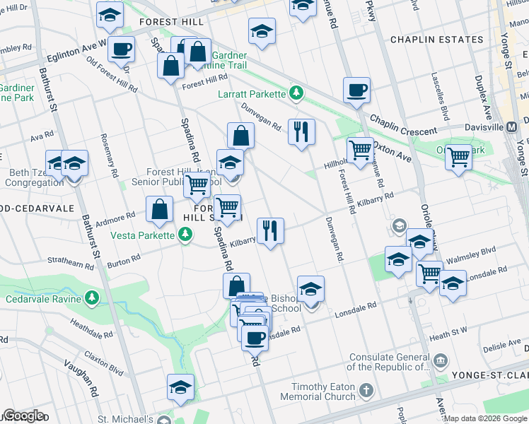 map of restaurants, bars, coffee shops, grocery stores, and more near 428 Russell Hill Road in Toronto