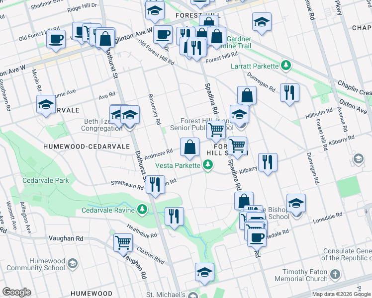 map of restaurants, bars, coffee shops, grocery stores, and more near in Toronto