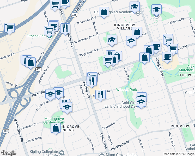 map of restaurants, bars, coffee shops, grocery stores, and more near 345 Dixon Road in Toronto