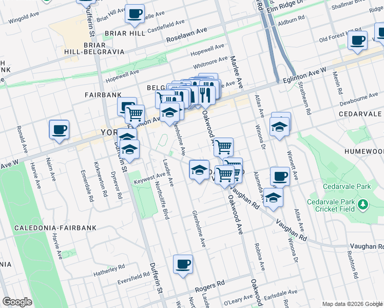 map of restaurants, bars, coffee shops, grocery stores, and more near 111 Clovelly Avenue in Toronto