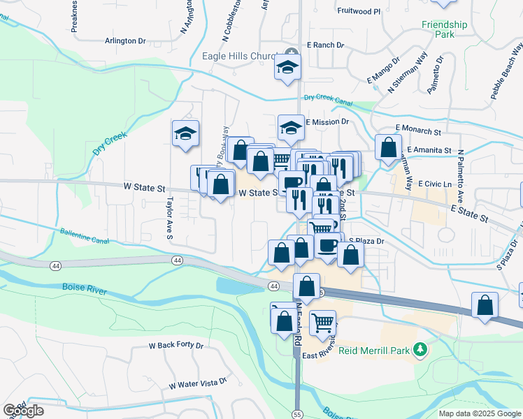 map of restaurants, bars, coffee shops, grocery stores, and more near 197 West State Street in Eagle