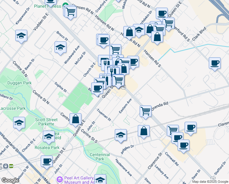 map of restaurants, bars, coffee shops, grocery stores, and more near 47 True Blue Cres in Brampton