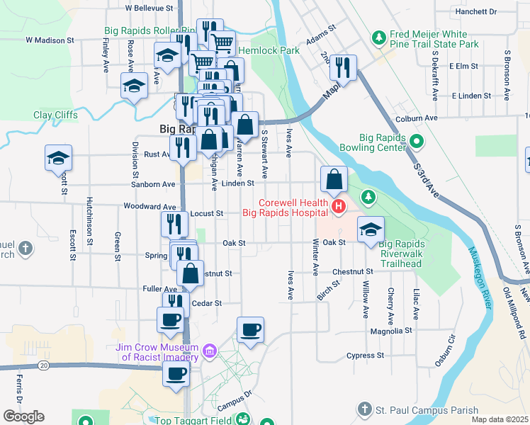 map of restaurants, bars, coffee shops, grocery stores, and more near 322 South Stewart Avenue in Big Rapids