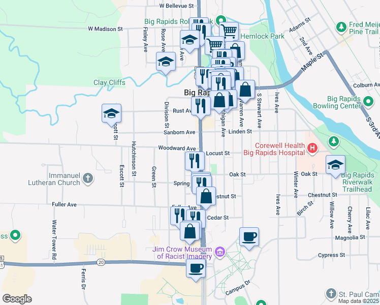 map of restaurants, bars, coffee shops, grocery stores, and more near 124 Woodward Avenue in Big Rapids