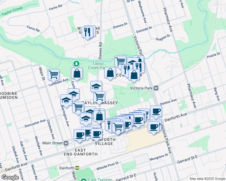map of restaurants, bars, coffee shops, grocery stores, and more near 23 Midburn Avenue in Toronto