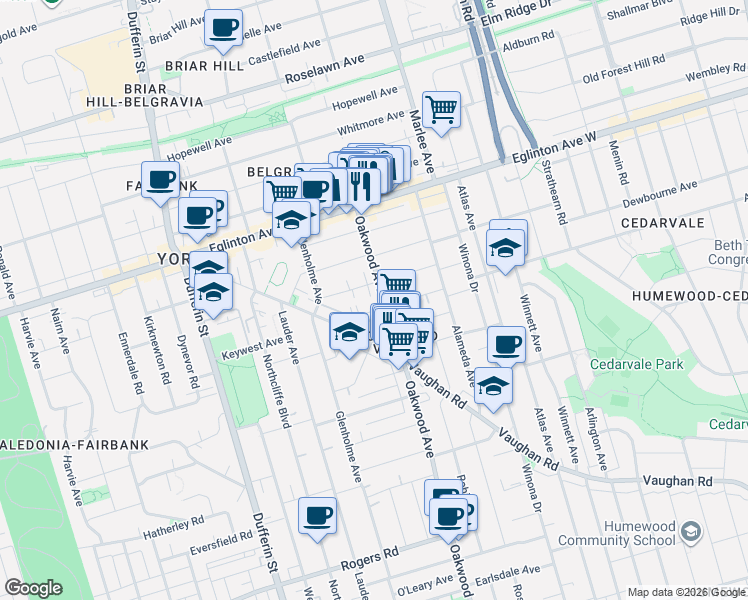 map of restaurants, bars, coffee shops, grocery stores, and more near 591 Oakwood Avenue in Toronto
