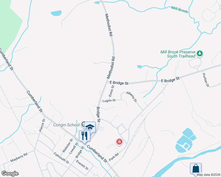 map of restaurants, bars, coffee shops, grocery stores, and more near 1 East Bridge Street in Westbrook