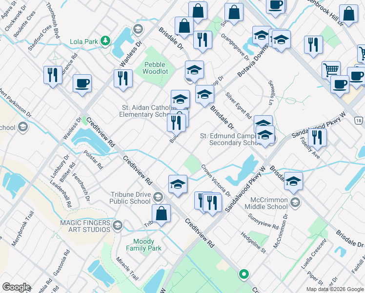 map of restaurants, bars, coffee shops, grocery stores, and more near Crown Victoria Drive in Brampton
