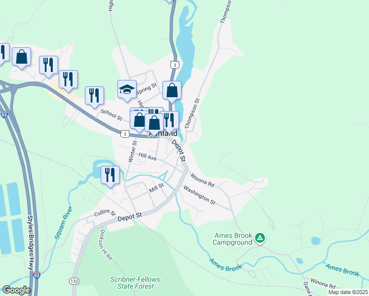 map of restaurants, bars, coffee shops, grocery stores, and more near 42 Thompson Street in Ashland