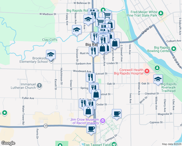 map of restaurants, bars, coffee shops, grocery stores, and more near 124 Woodward Avenue in Big Rapids