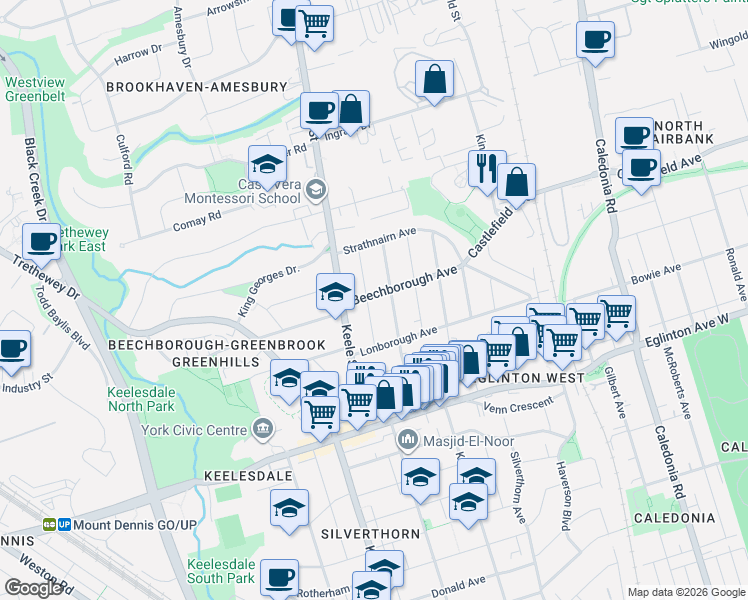 map of restaurants, bars, coffee shops, grocery stores, and more near 67 Beechborough Avenue in Toronto