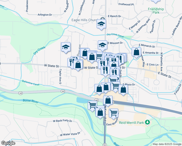 map of restaurants, bars, coffee shops, grocery stores, and more near 197 West State Street in Eagle