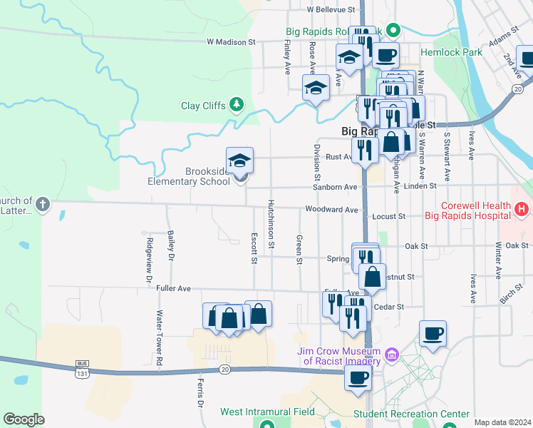 map of restaurants, bars, coffee shops, grocery stores, and more near 503 Woodward Avenue in Big Rapids