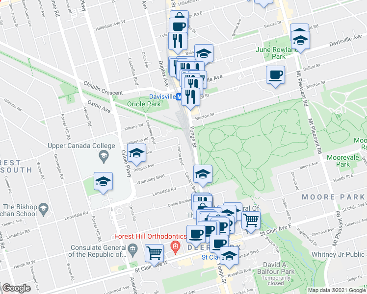 map of restaurants, bars, coffee shops, grocery stores, and more near 125 Lawton Boulevard in Toronto