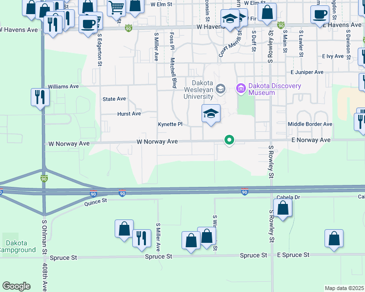 map of restaurants, bars, coffee shops, grocery stores, and more near 700 West Norway Avenue in Mitchell