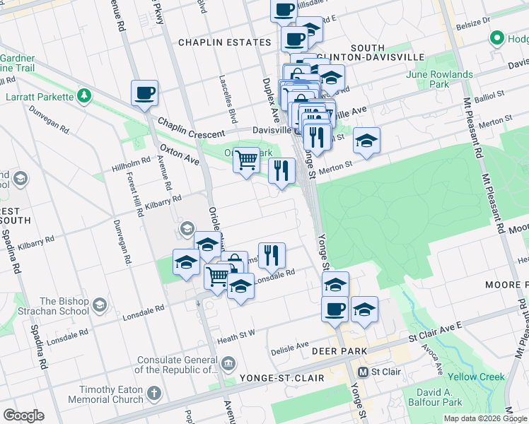 map of restaurants, bars, coffee shops, grocery stores, and more near 42 Gormley Avenue in Toronto